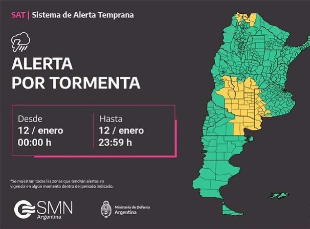 Rigen alertas amarillos por tormenta en siete provincias y por viento en el sur de la Patagonia
